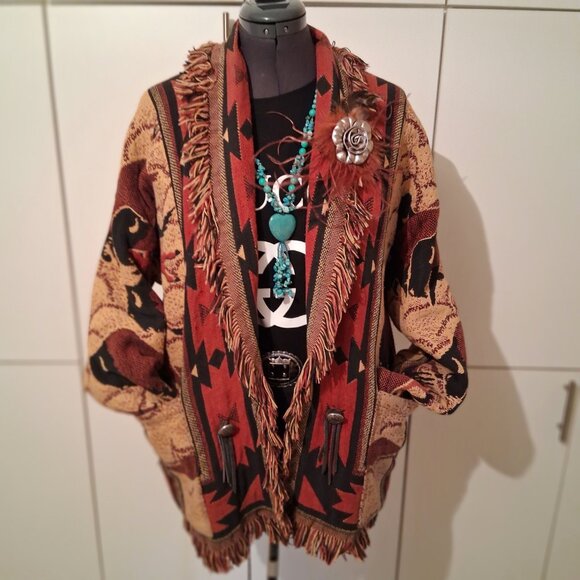 Vintage 90's Black Fringe Concho Jacket M/L - necklace and Rose Feather pin - Picture 3 of 10